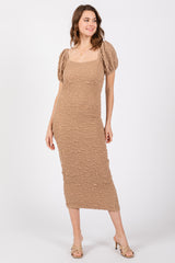 Taupe Textured Square Neck Puff Sleeve Maternity Midi Dress
