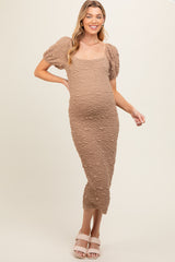 Taupe Textured Square Neck Puff Sleeve Maternity Midi Dress