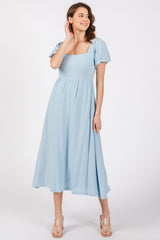 Light Blue Puff Sleeve Linen Maternity Midi Dress