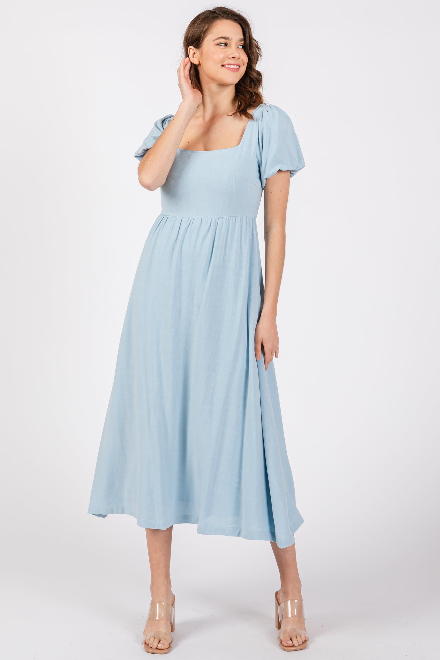Light Blue Puff Sleeve Linen Midi Dress PinkBlush Light Blue Puff Sleeve Linen Midi Dress PinkBlush