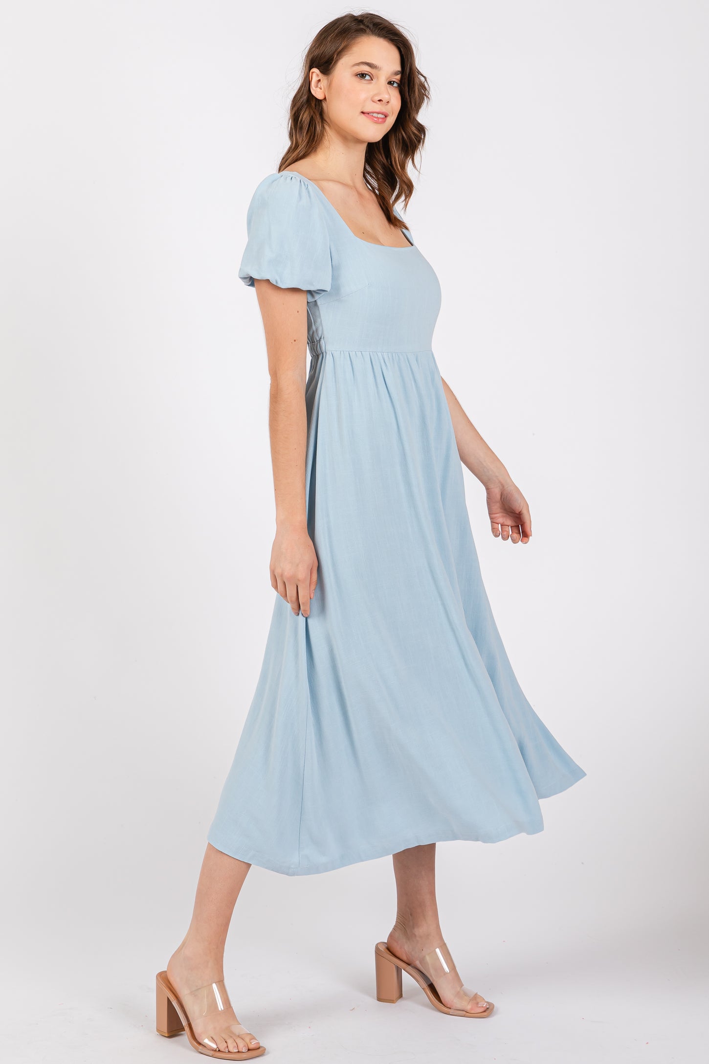 Light Blue Puff Sleeve Linen Midi Dress PinkBlush Light Blue Puff Sleeve Linen Midi Dress PinkBlush