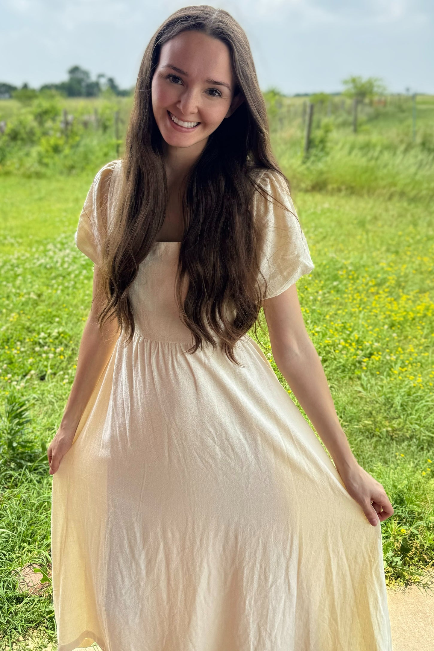 puff sleeve linen midi dress Puff-Sleeve Corset Linen Midi Dress