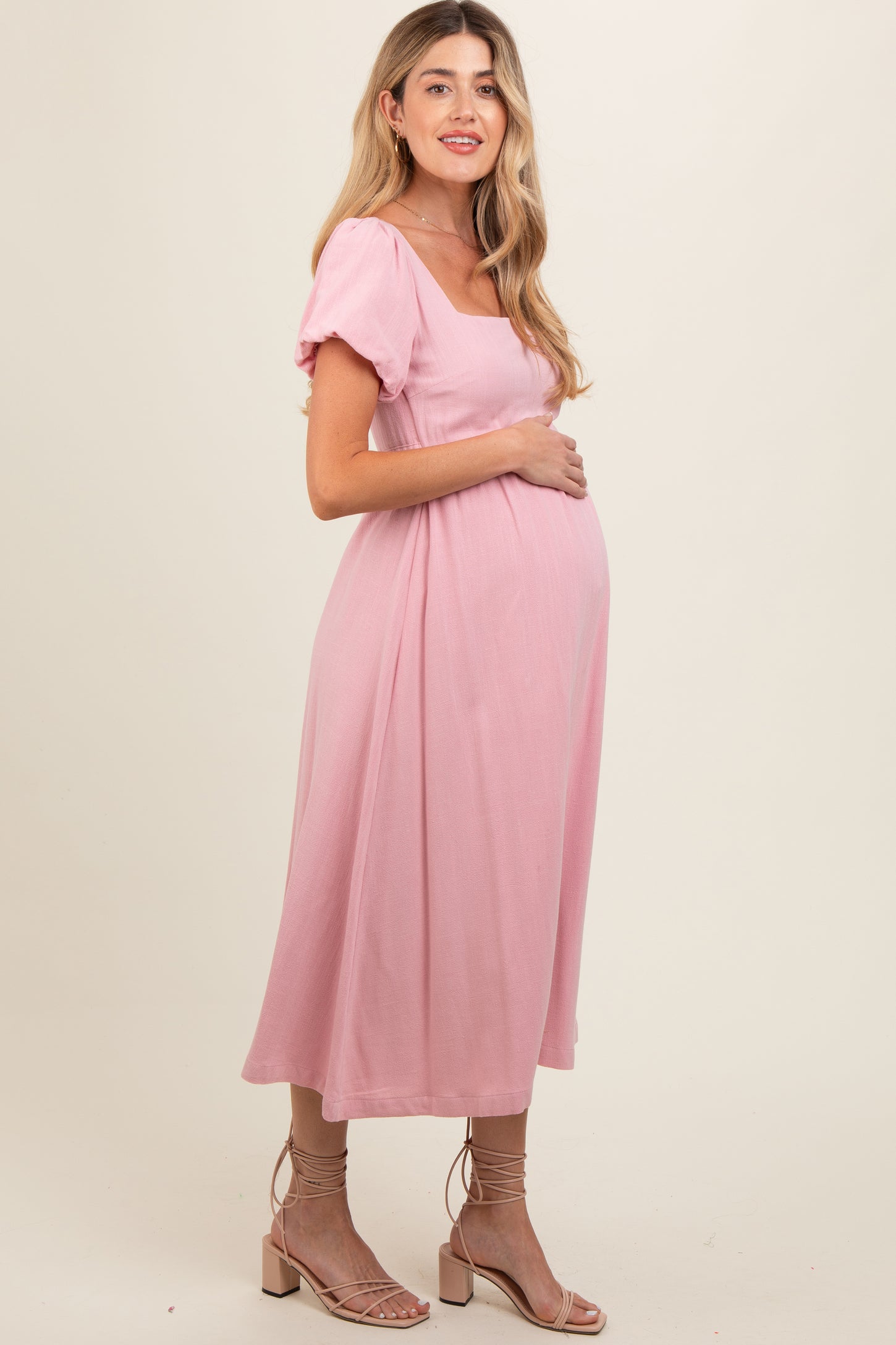 Pink Puff Sleeve Linen Maternity Midi Dress – PinkBlush