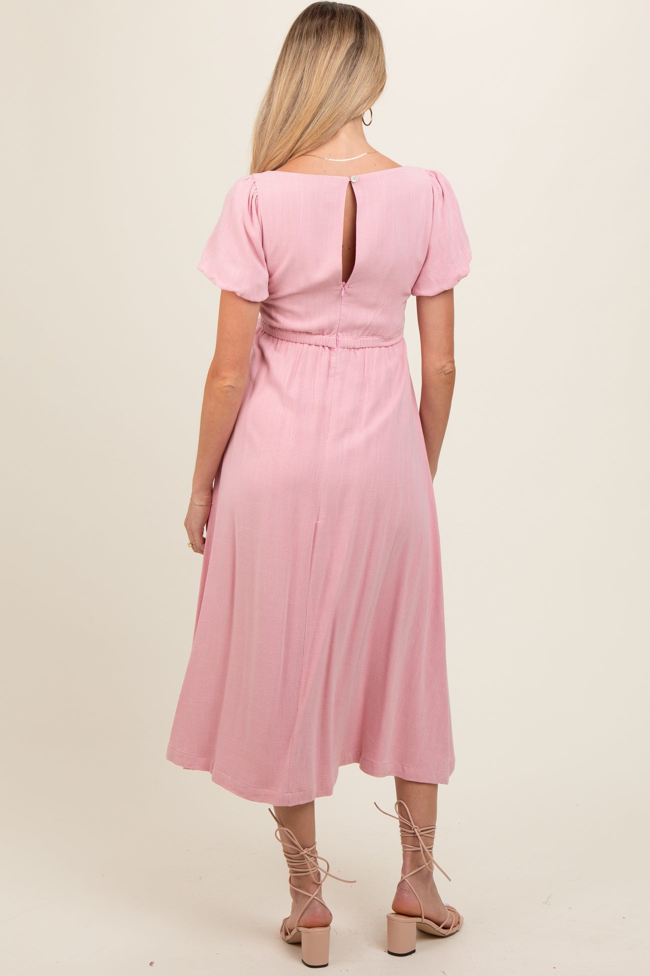 Pink Puff Sleeve Linen Maternity Midi Dress PinkBlush Pink Puff Sleeve Linen Maternity Midi Dress PinkBlush
