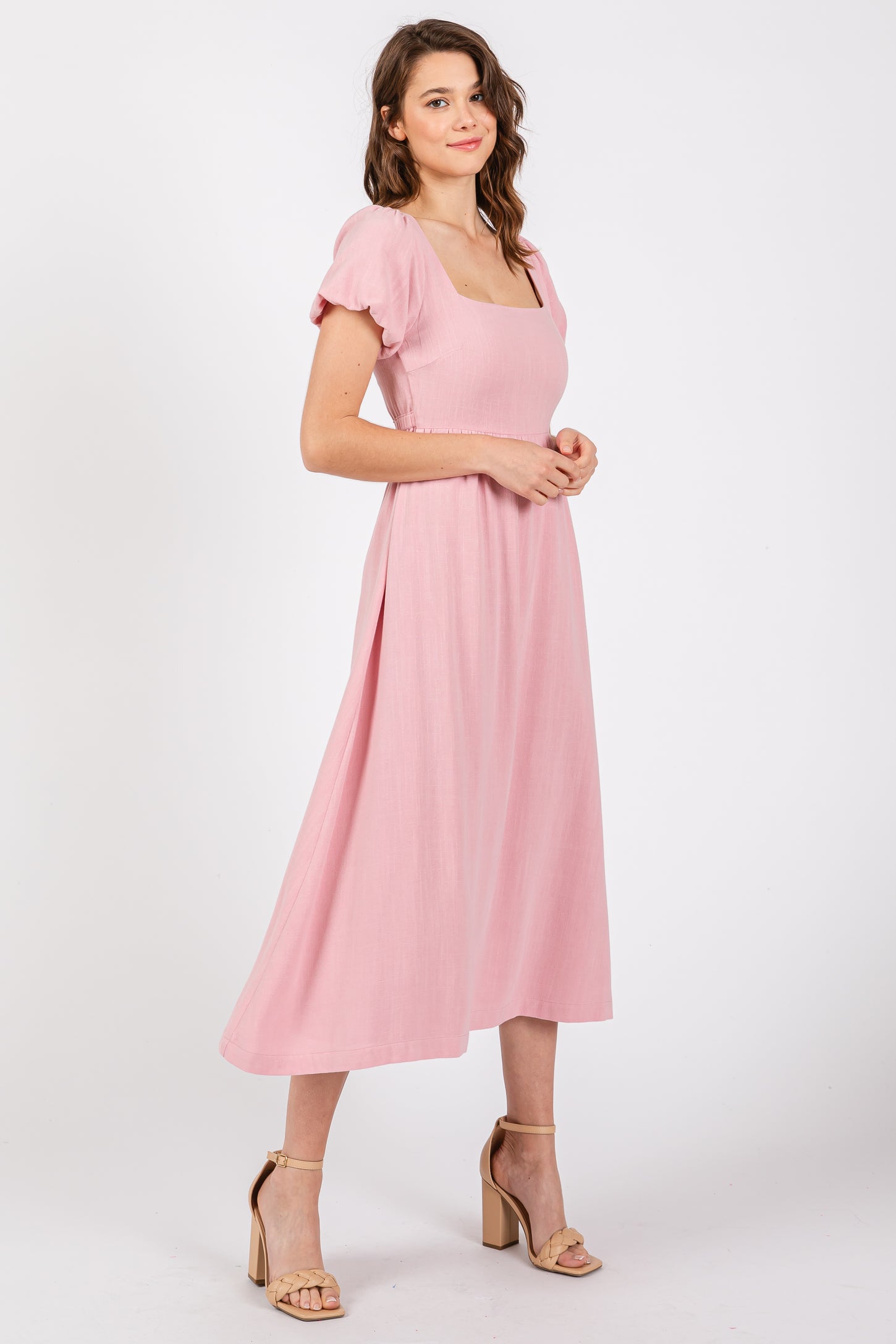 Pink Puff Sleeve Linen Maternity Midi Dress Pink Puff Sleeve Linen Maternity Midi Dress