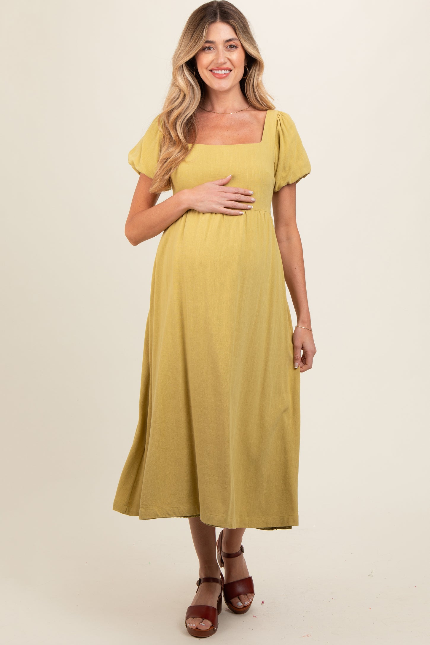Lime Puff Sleeve Linen Maternity Midi Dress– PinkBlush