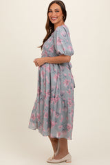 Grey Floral Smocked Ruffle Hem Maternity Midi Dress