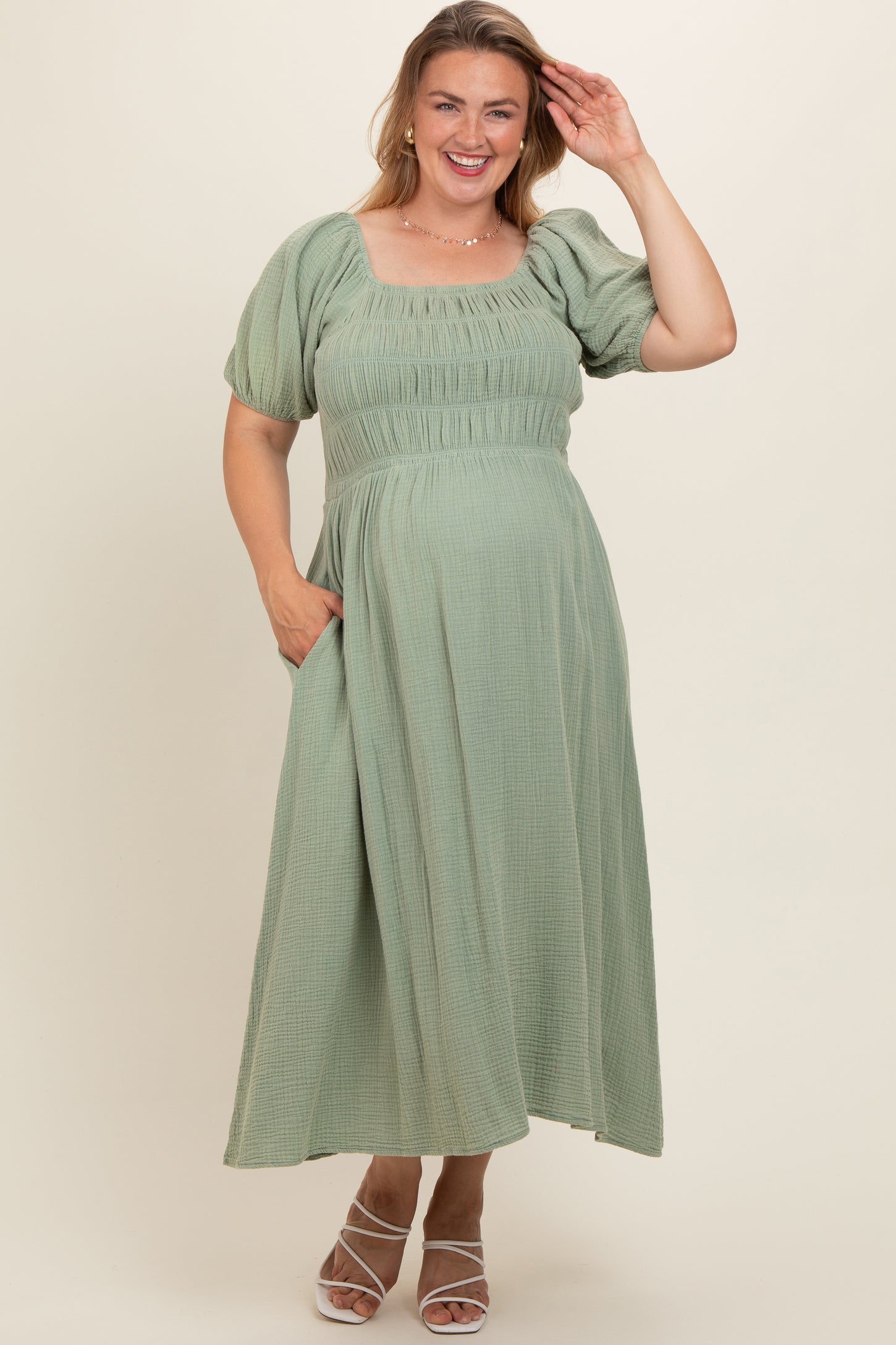 Mint Green Smocked Short Sleeve Maternity Plus Midi Dress PinkBlush Mint Green Smocked Short Sleeve Maternity Plus Midi Dress PinkBlush