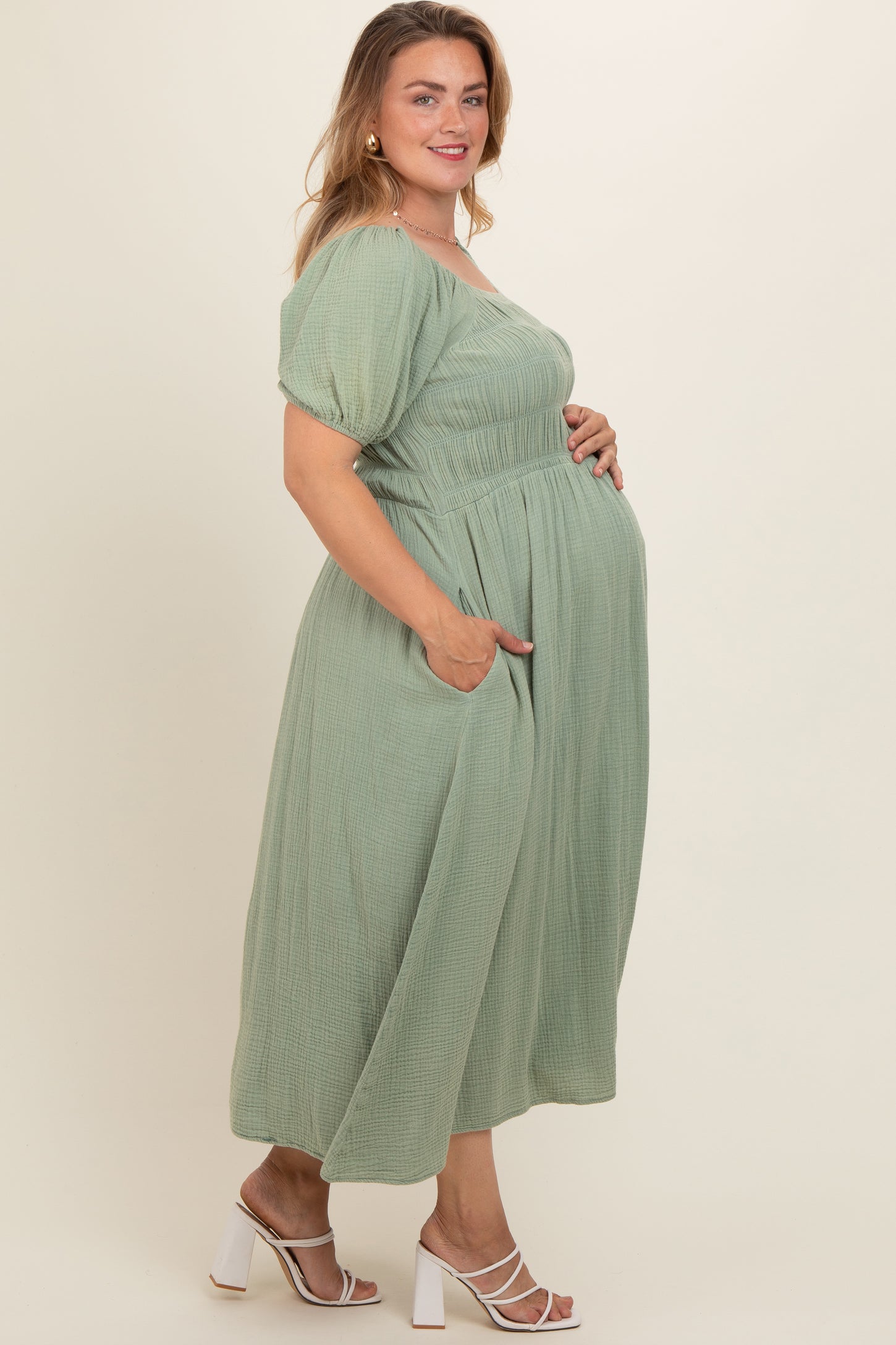 Mint Green Smocked Short Sleeve Maternity Plus Midi Dress – PinkBlush