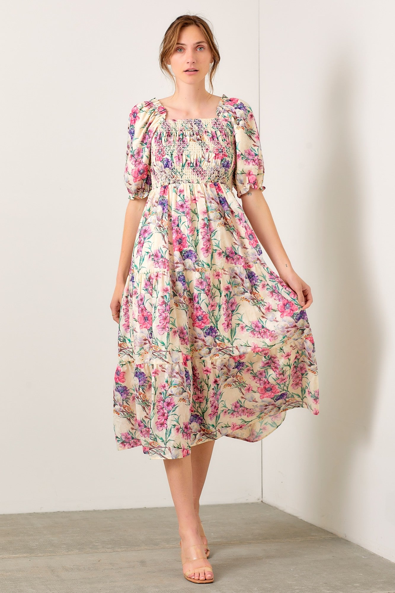 Cream Floral Puff Sleeve Smocked Maternity Midi Dress PinkBlush Cream Floral Puff Sleeve Smocked Maternity Midi Dress PinkBlush