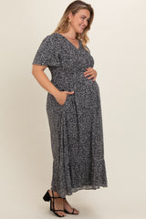 Black Dotted Smocked V-Neck Short Sleeve Maternity Plus Maxi Dress