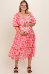 Fuchsia Watercolor Floral Maternity Plus Midi Dress