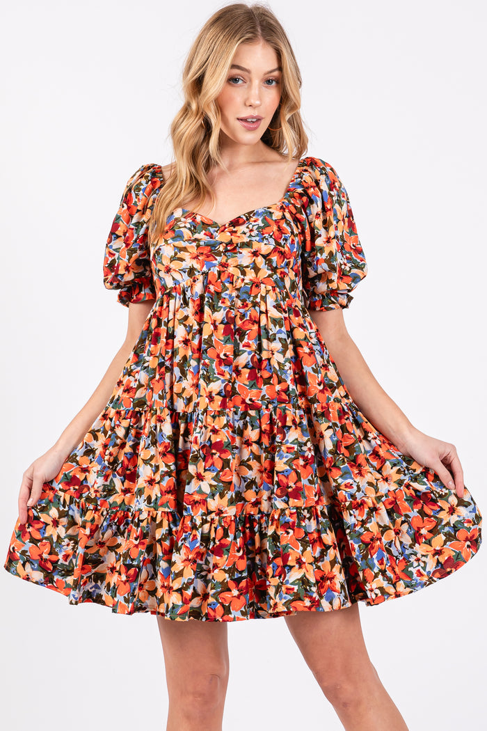 Orange Multi-Color Floral Puff Sleeve Ruffle Hem Maternity Dress