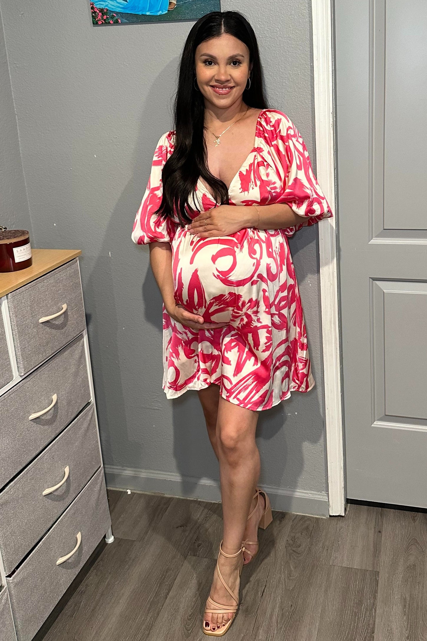Fuchsia Printed Bubble Sleeve Sweetheart Maternity Dress