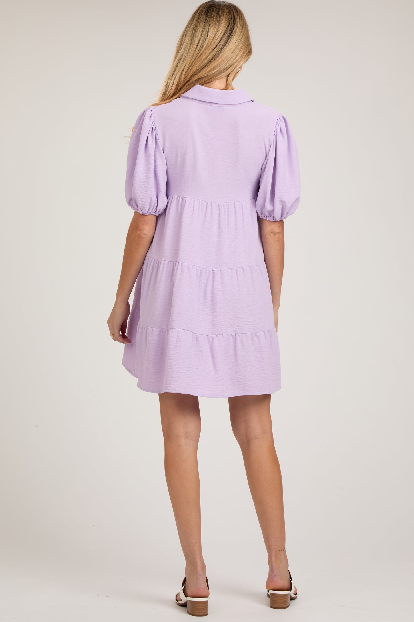 Lavender Button Front Tiered Collared Maternity Dress