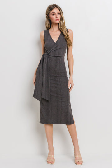 Charcoal Ribbed Wrap Midi Dress