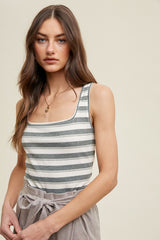 Olive Striped Ribbed Sleeveless Maternity Top