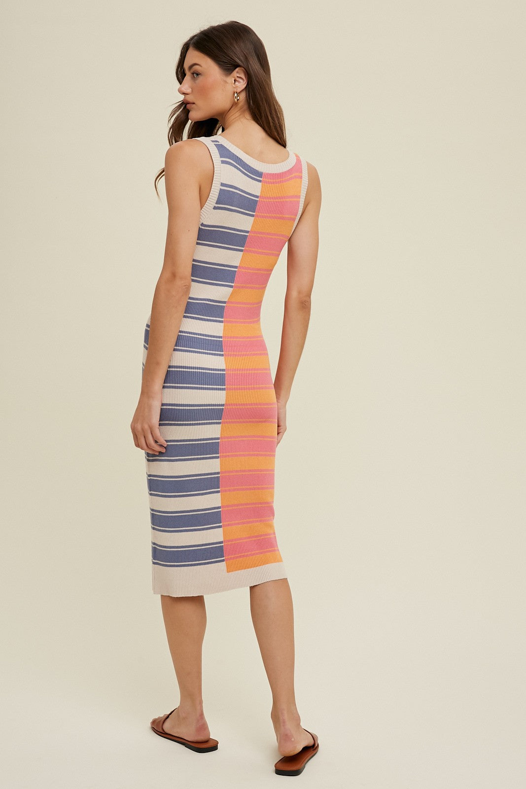 Blue Colorblock Striped Fitted Midi Dress Blue Colorblock Striped Fitted Midi Dress