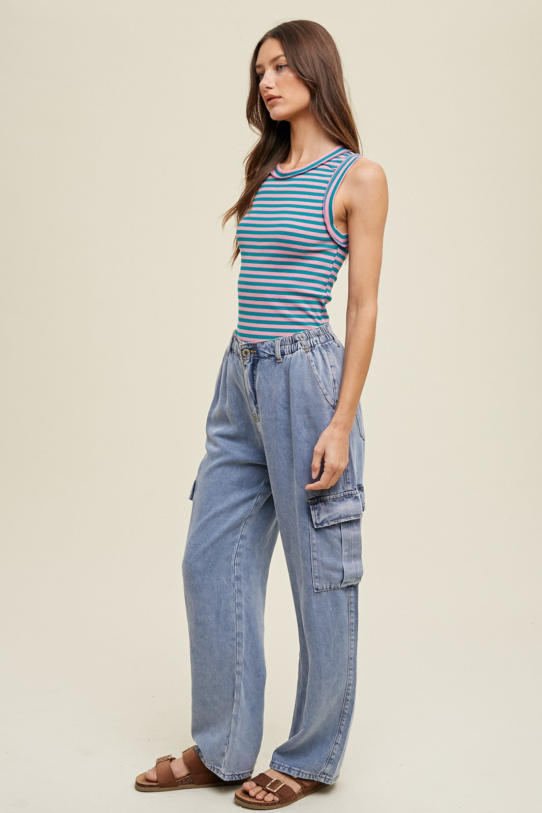 Pink Teal Sleeveless Ribbed Tank Top