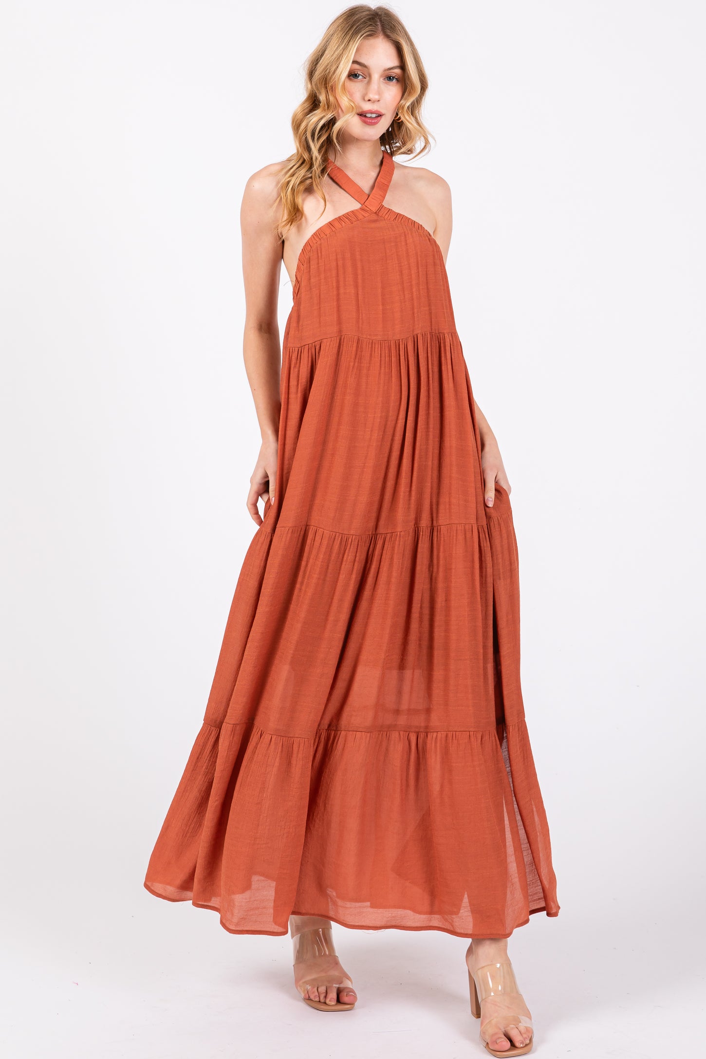 Rust Halter Tiered Maternity Maxi Dress Rust Halter Tiered Maternity Maxi Dress