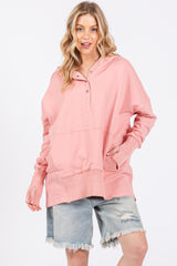 Pink Button Front Ribbed Trim Hooded Sweatshirt