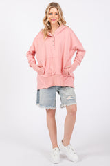Pink Button Front Ribbed Trim Hooded Sweatshirt