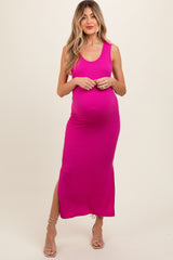 Fuchsia Ribbed Side Slit Maternity Maxi Dress