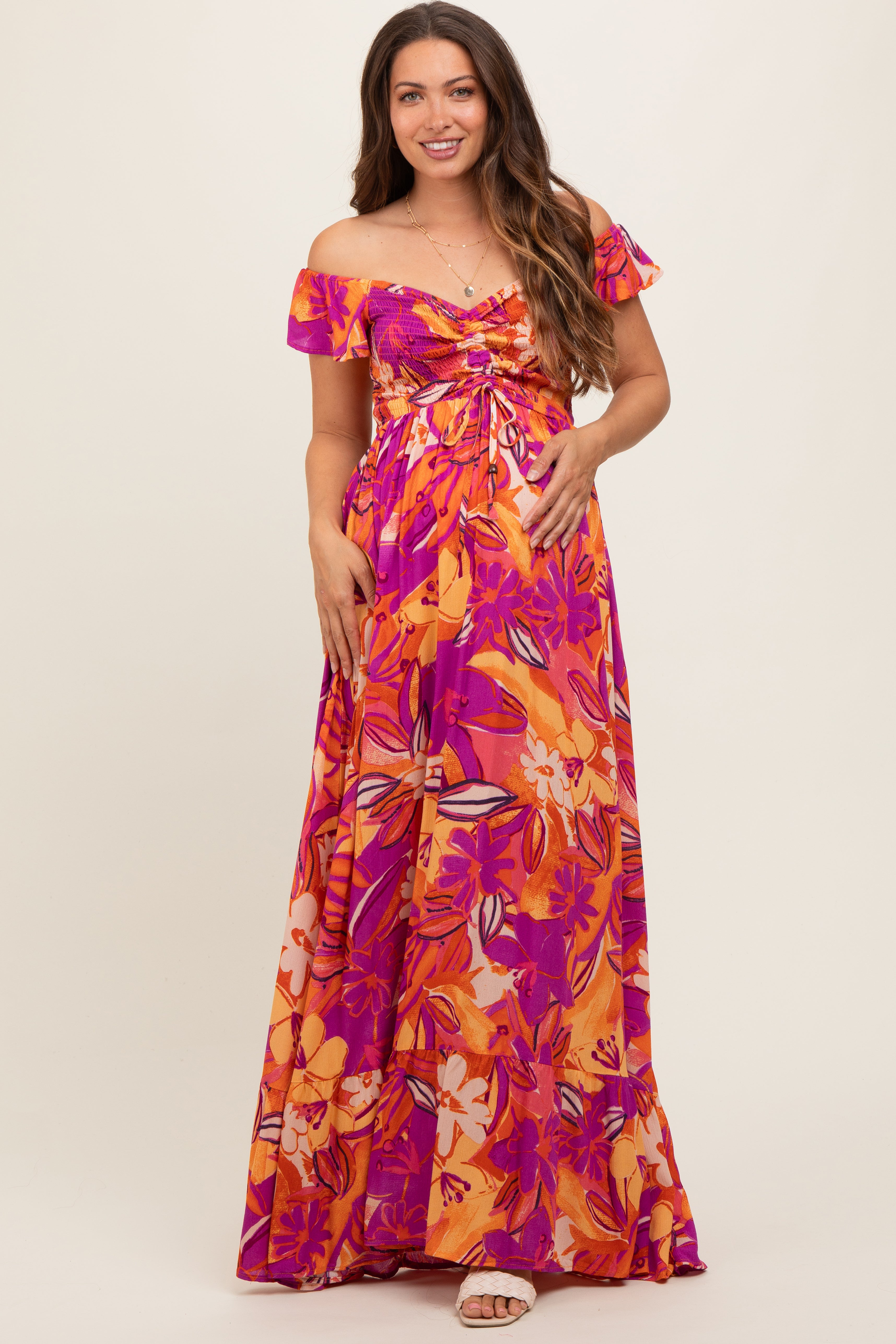 mamanuca floral off the shoulder maxi dress Coral Floral Smocked Off Shoulder Maternity Maxi Dress
