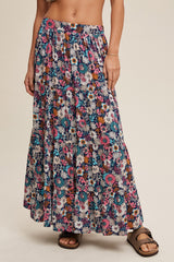 Navy Floral Tiered Midi Skirt