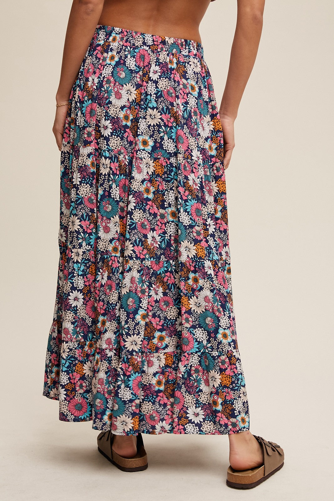 Navy Floral Tiered Midi Skirt