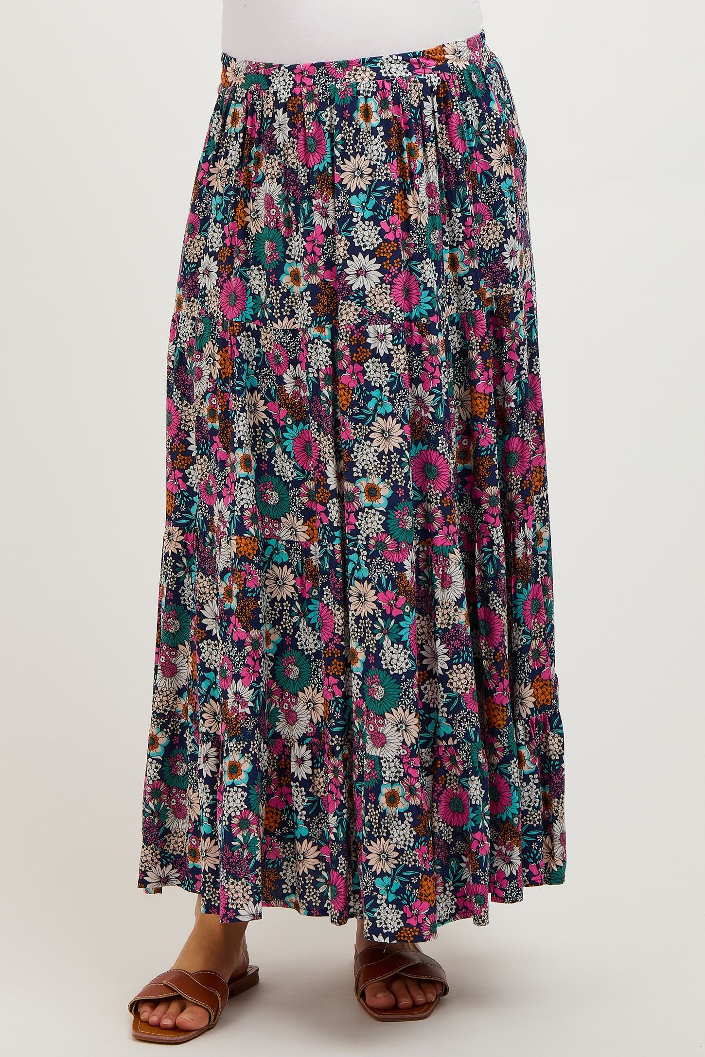 Navy Floral Tiered Maternity Midi Skirt