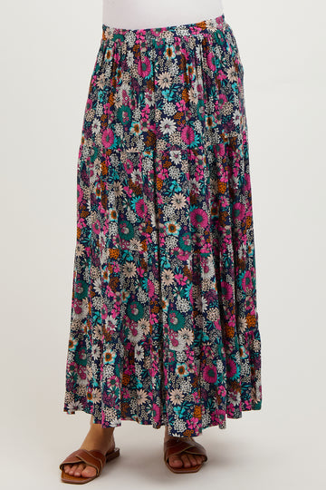 Navy Floral Tiered Maternity Midi Skirt
