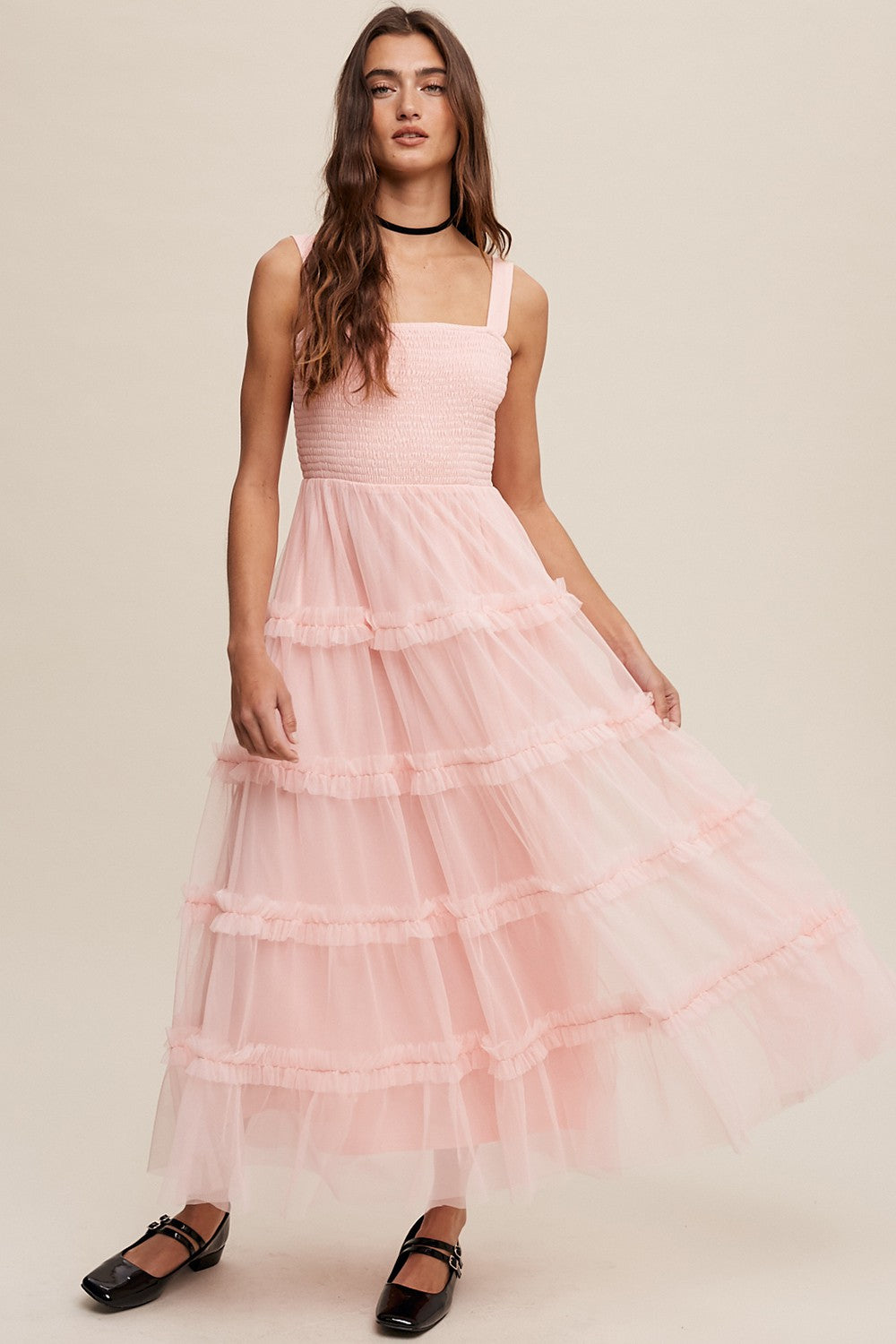 Light Pink Smocked Ruffle Tiered Tulle Midi Dress – PinkBlush