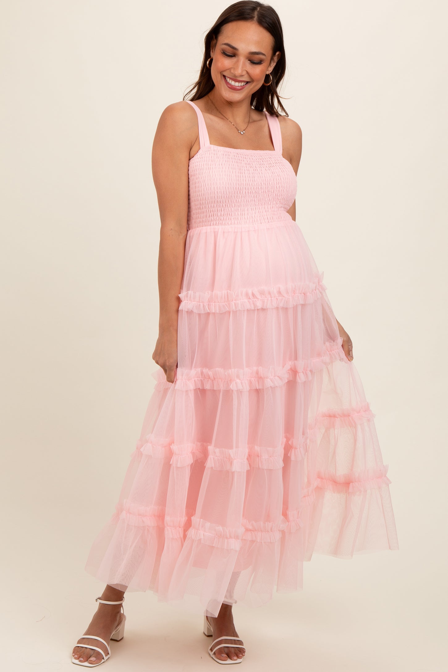 PinkBlush Light Pink Smocked Ruffle Tiered Tulle Maternity Midi Dress Small PinkBlush Light Pink Smocked Ruffle Tiered Tulle Maternity Midi Dress Small