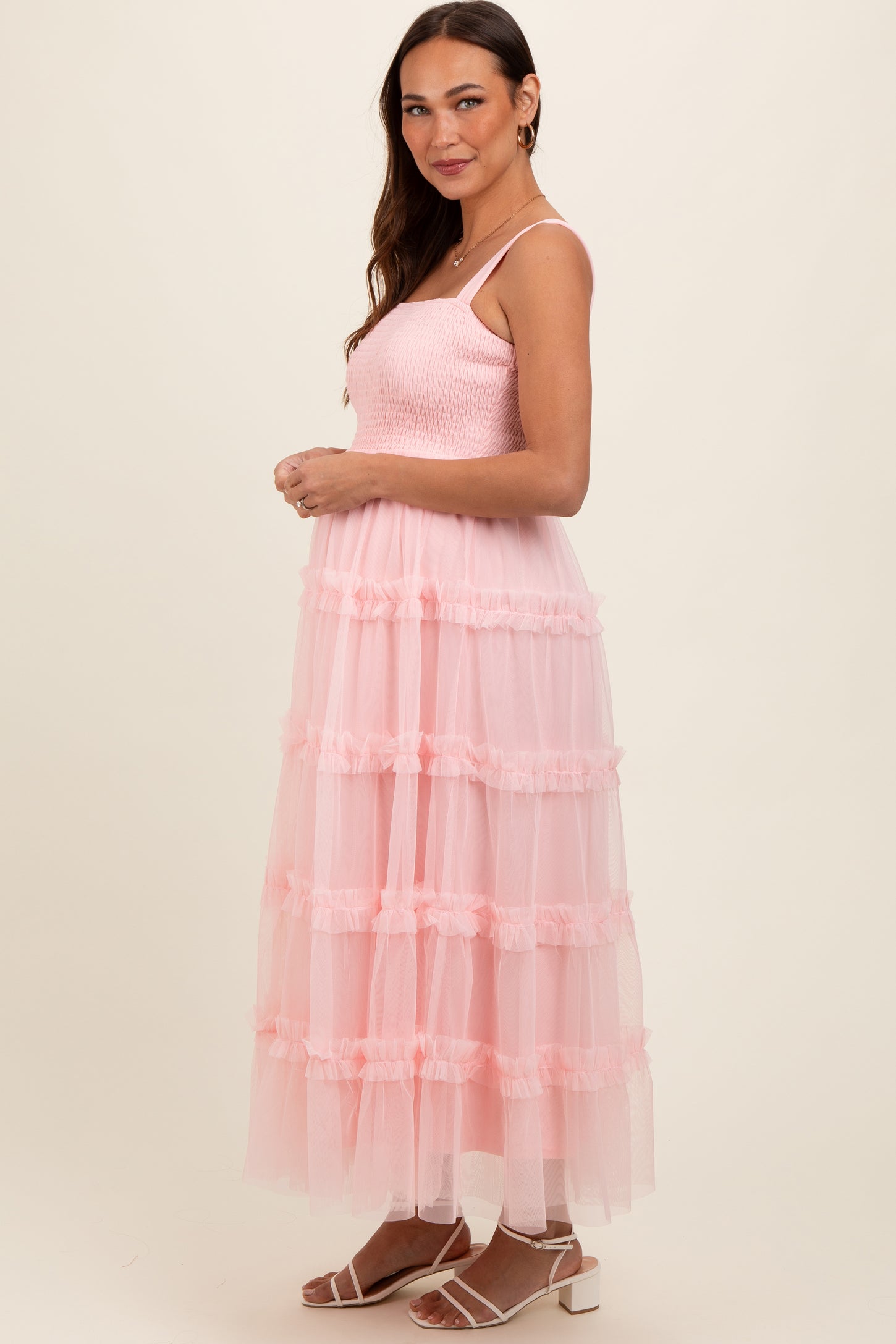 PinkBlush Light Pink Smocked Ruffle Tiered Tulle Maternity Midi Dress Medium PinkBlush Light Pink Smocked Ruffle Tiered Tulle Maternity Midi Dress Medium