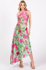 Pink Floral Pleated One Shoulder Cutout Maternity Dress