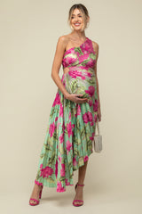 Pink Floral Pleated One Shoulder Cutout Maternity Dress