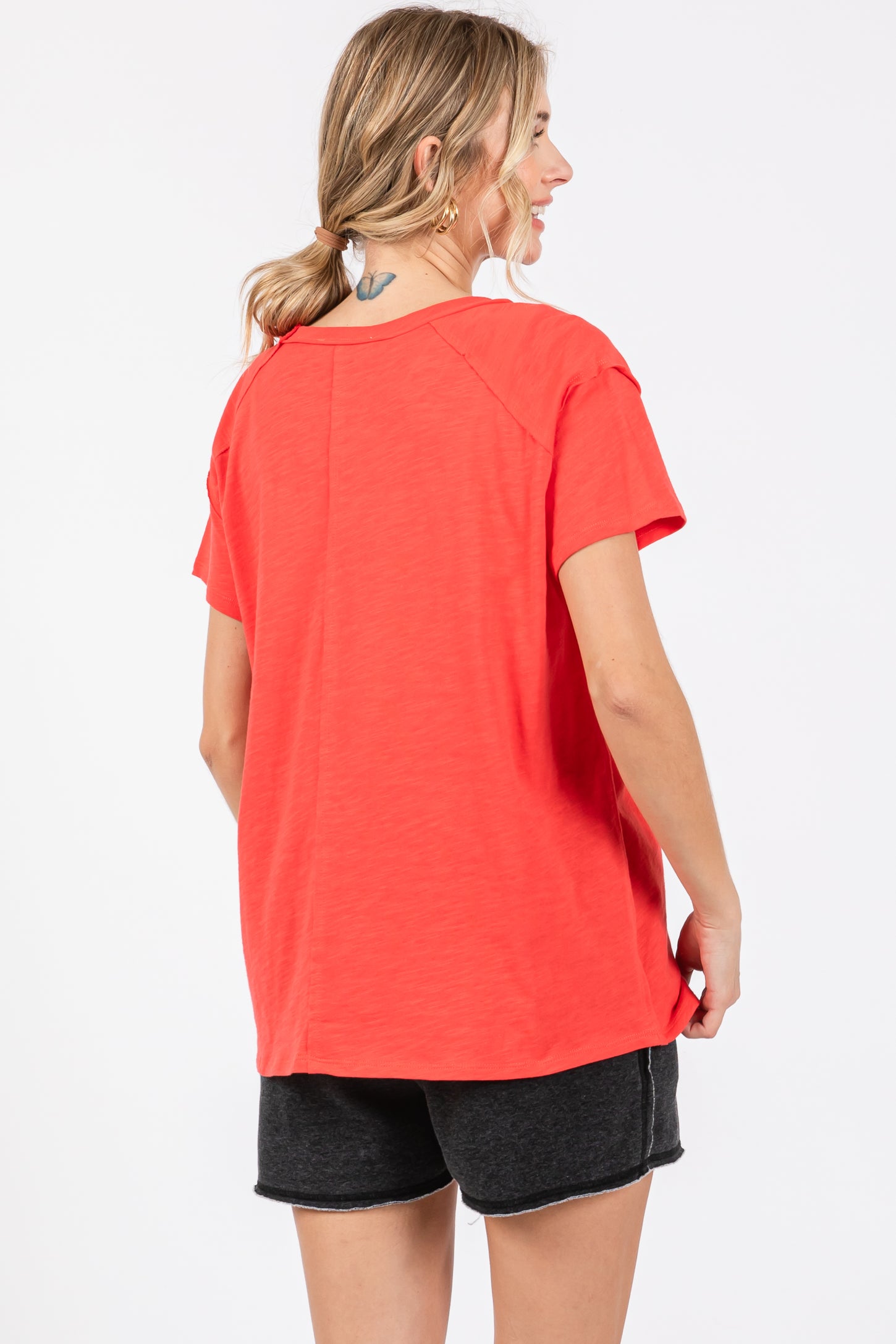 Red Raw Hem Short Sleeve Top