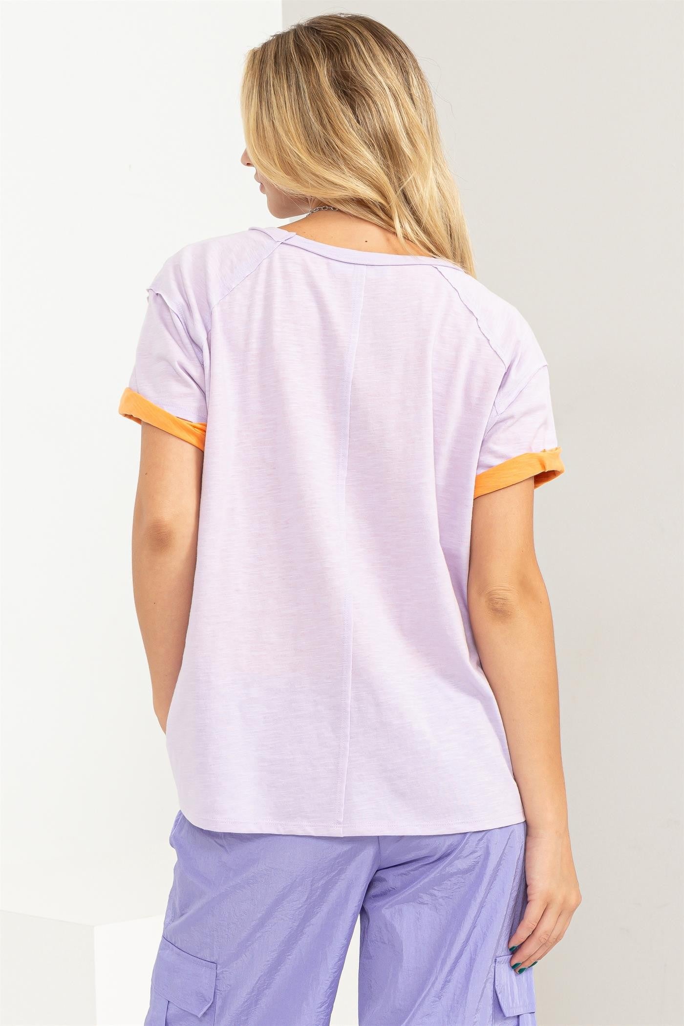 Lavender Raw Hem Short Sleeve Top