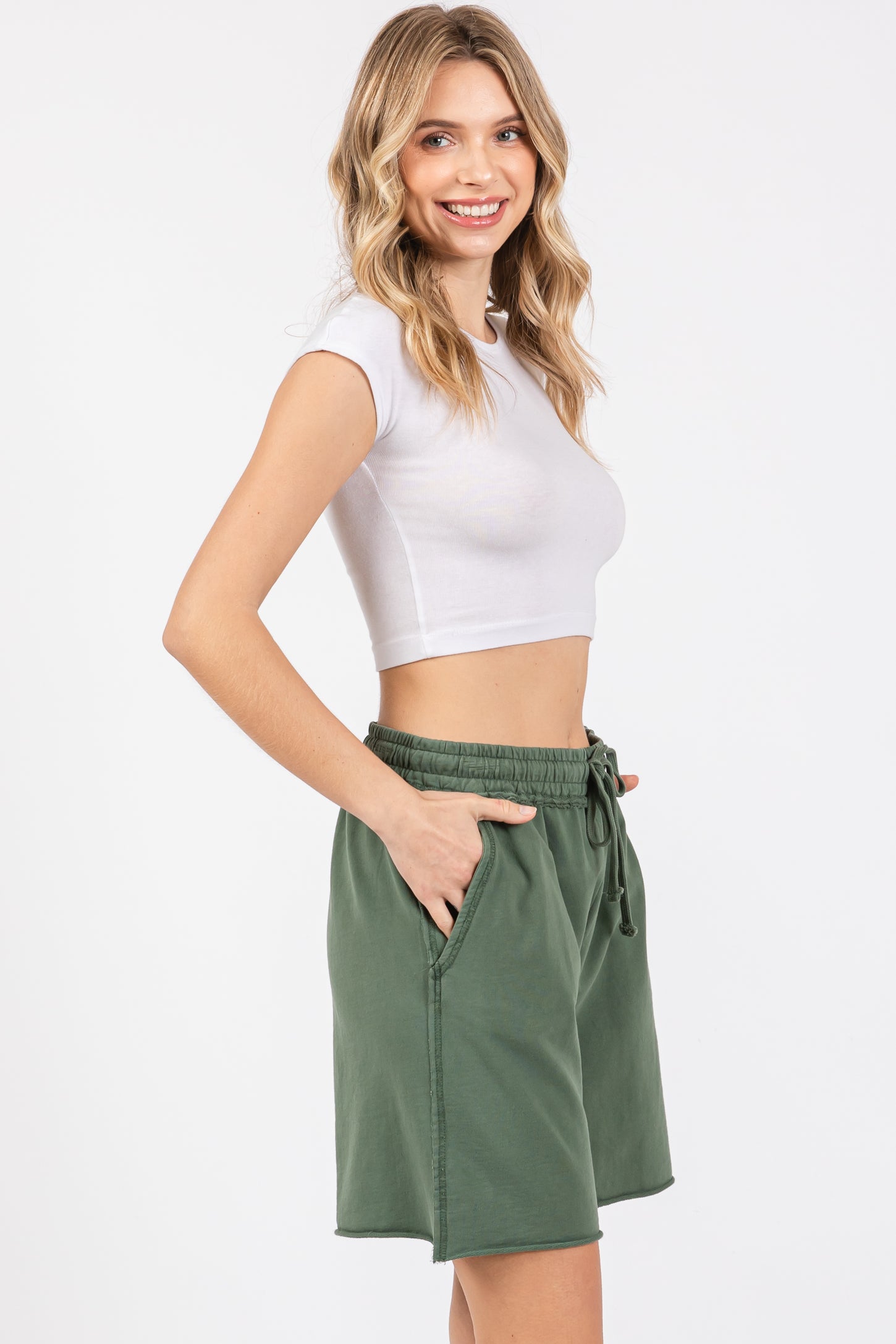 Olive Green Raw Hem Drawstring Shorts