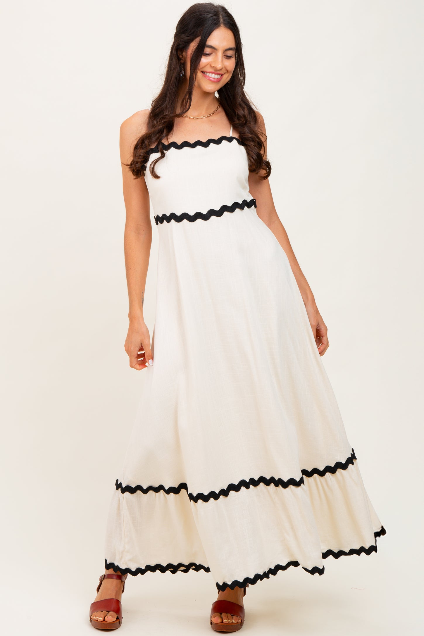 Beige Colorblock Trim Midi Dress Beige Colorblock Trim Midi Dress