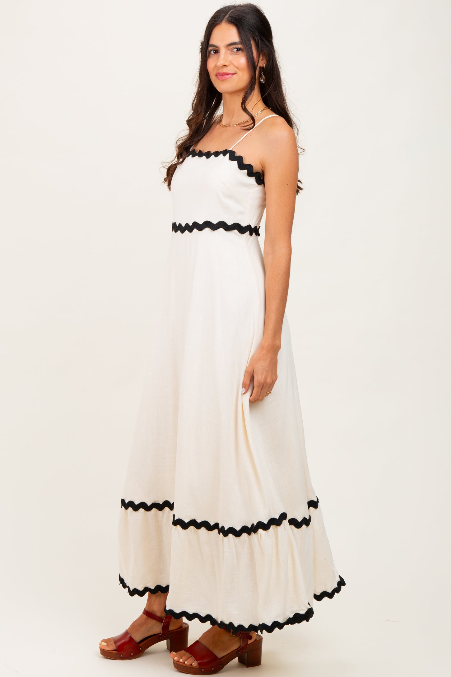 Beige Colorblock Trim Midi Dress