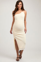 Ivory Textured One Shoulder Maternity Midi Dress