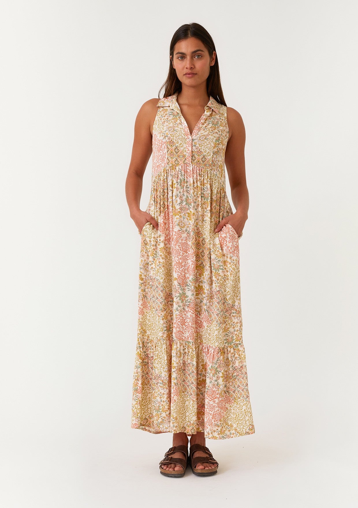 sleeveless button down maxi dress Peach Floral Tiered Collared – PinkBlush P26411W022102 Pretty black sequin dress Designed with a figure Primary color:The Blue