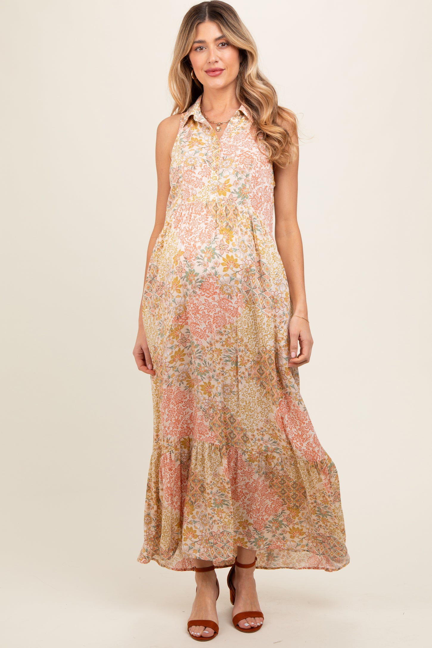 Peach Floral Sleeveless Button Tiered Collared Maternity Maxi Dress