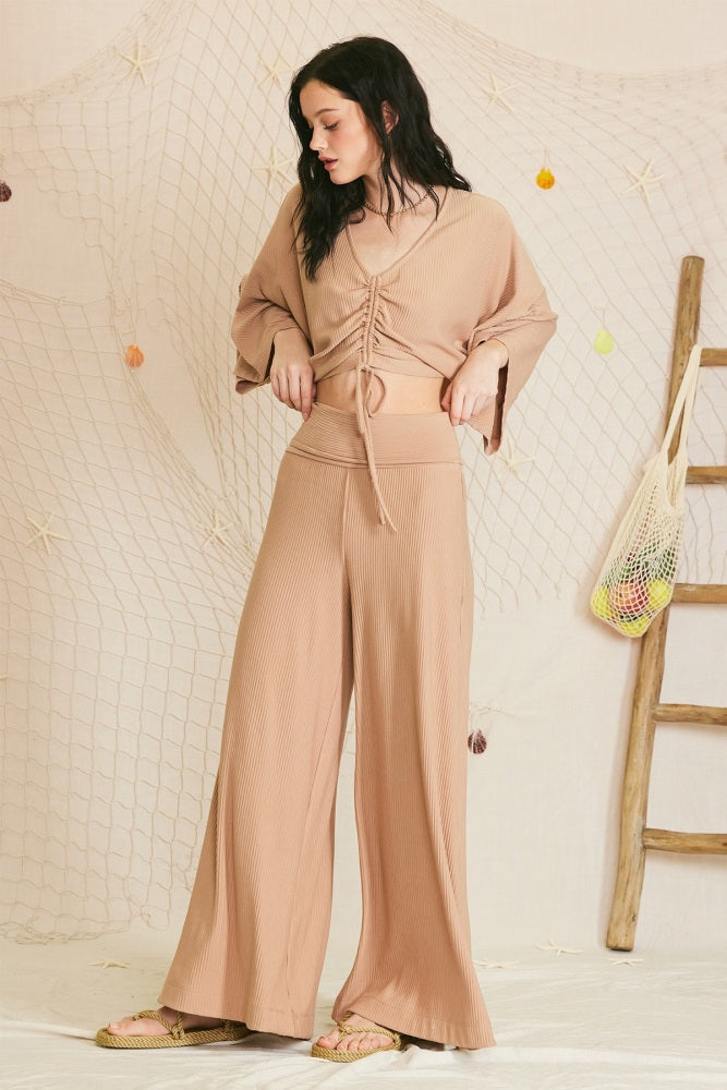 Mocha Ribbed Foldover Waist Maternity Wide Leg Pants