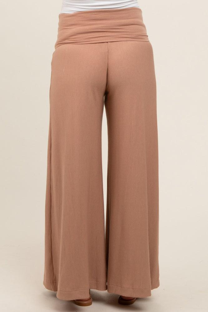 Mocha Ribbed Foldover Waist Maternity Wide Leg Pants