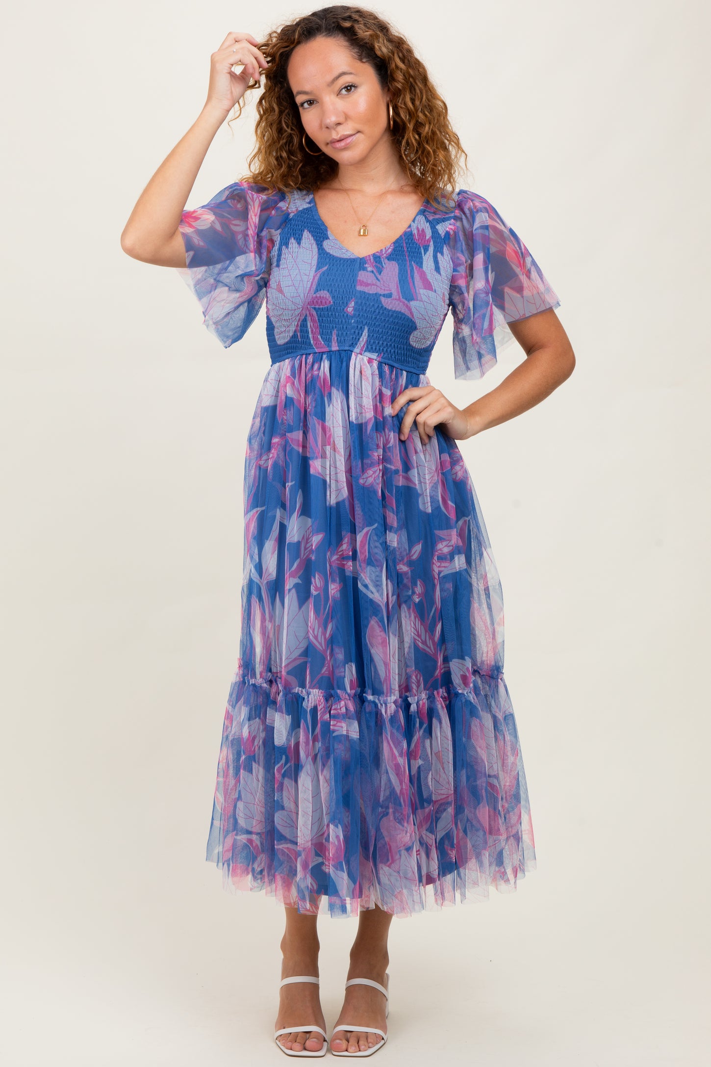 Blue Leaf Print Mesh Smocked Midi Dress