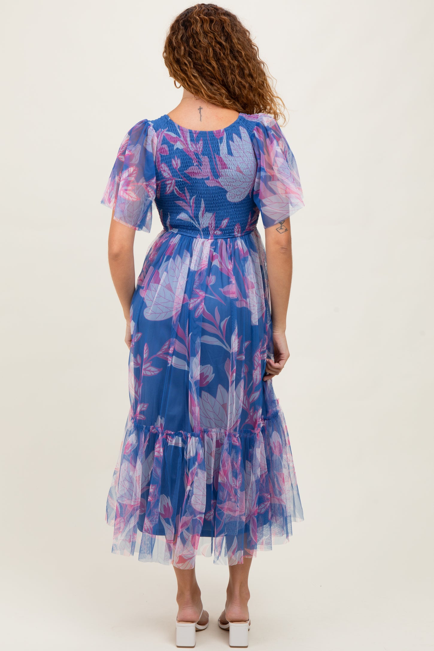 Blue Leaf Print Mesh Smocked Midi Dress