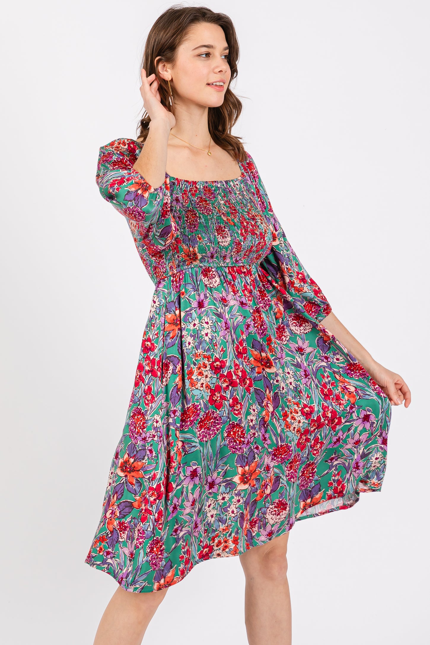 Green Floral Smocked Knee-Length Dress Green Floral Smocked Knee-Length Dress